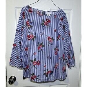 Liz Claiborne Women’s Striped Floral Flare Sleeve Blouse Size Medium Tall NWOT